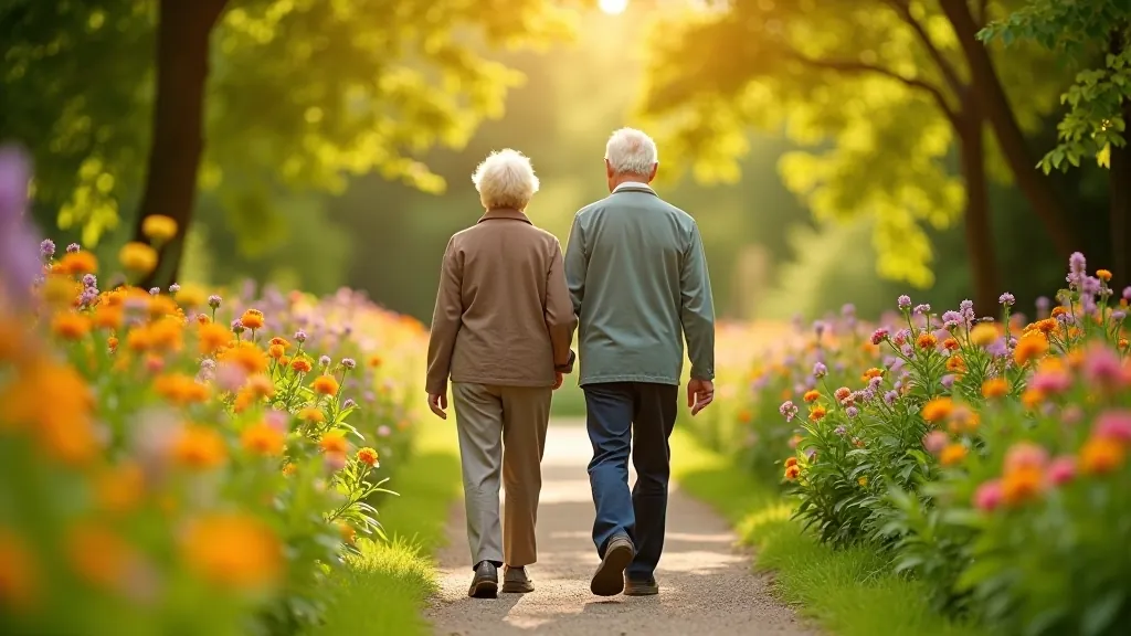 Seniori pastaigājās pa dārzā — mierīga, vidēja ik dienas darbība